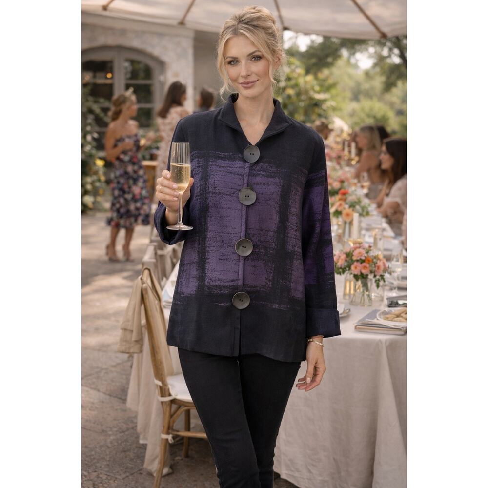 Caroline Rose Artsy Button Up Purple Blue Plaid Jacquard Topper Jacket Small
